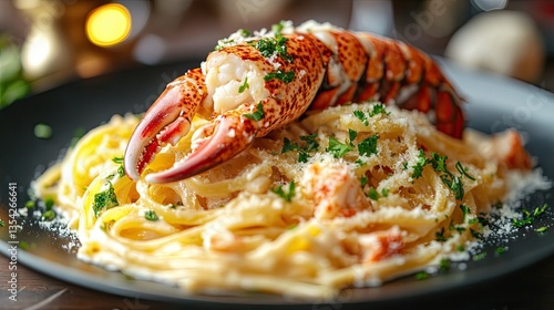 A plate of pasta with a large lobster claw on top