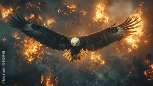 Majestic bald eagle soaring over intense inferno.