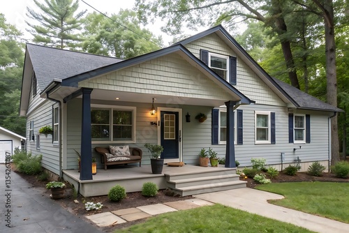 A gray ranch style model Hedges around modern house