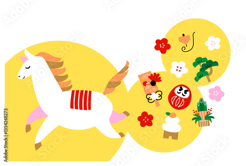 午年年賀状テンプレート　シンプルな馬とお正月イメージのアイテム