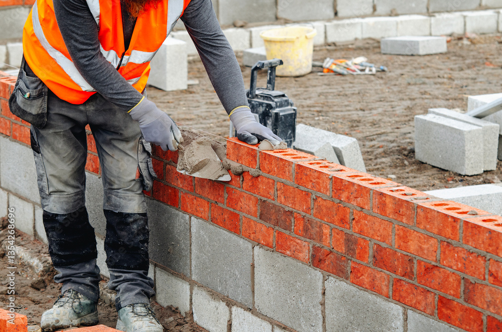 Bricklayer constructs wall using red bricks and concrete blocks Bricklayer constructs wall using red bricks and concrete blocks