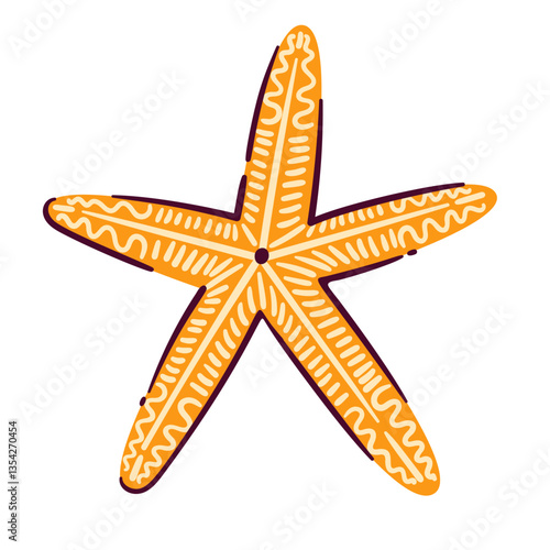 Yellow starfish sticker. Underwater and tropical beach animal with creative ornament and star shape. Summer, exotic vacation mascot, cartoon starfish vector illustration