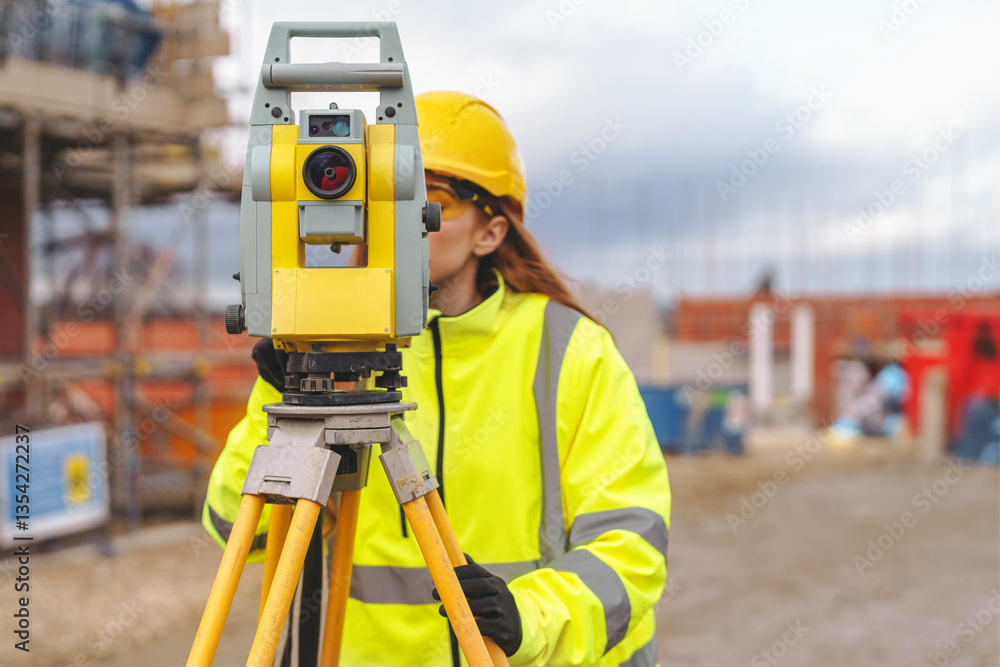Construction worker measuring land using survey equipment at building site Construction worker measuring land using survey equipment at building site