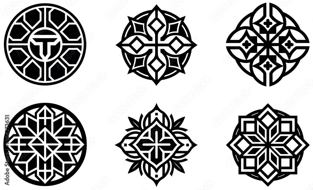 Six intricate black and white decorative circle designs. Six intricate black and white decorative circle designs.
