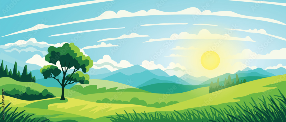 Fototapeta premium View of summer landscape, spring hills, green meadows and hills, sunny day, vector illustration