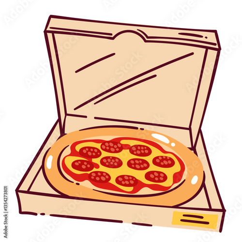 Open cartoon cardboard box with pepperoni pizza. Funny round pie with salami sausage and cheese sauce, crispy crust. Fast food delivery mascot, cartoon gourmet pizza order vector illustration