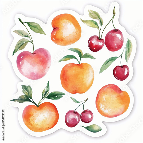 Watercolor fruit collection: peaches and cherries design for art projects
