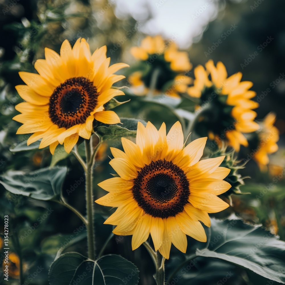 Fototapeta premium Bright yellow sunflowers in full bloom, with radiant petals and deep brown centers, surrounded by greenery, softly lit under a clear sky for a serene vibe.