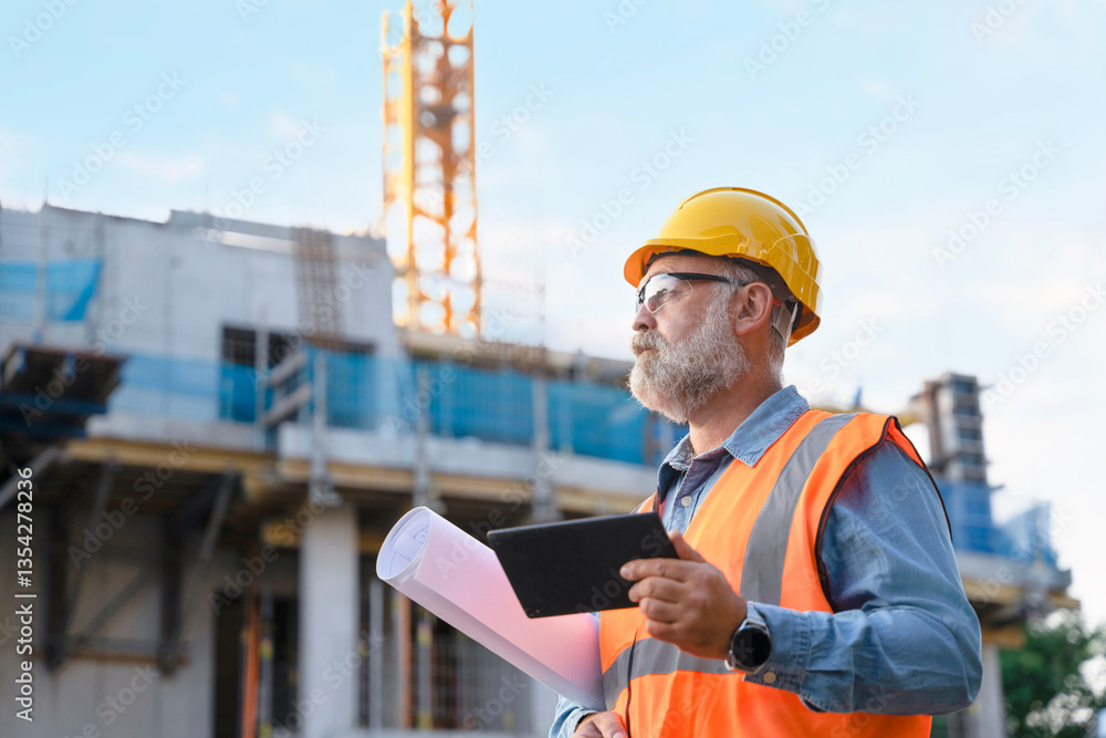Construction manager reviewing plans at building site with tower cranes and concrete frame structure in background Construction manager reviewing plans at building site with tower cranes and concrete frame structure in background