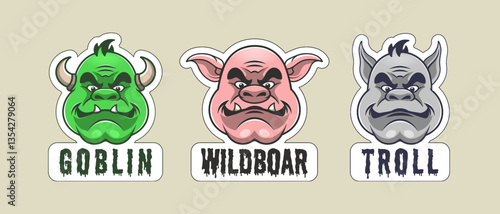 Vector set of color stickers. Cartoon scary ugly fanged eared and horned heads of goblin, wild boar and troll. Collection of toon brutal terrible monsters