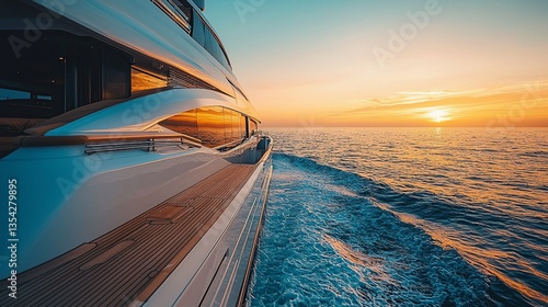 Luxury yacht sailing at sunset, ocean view.