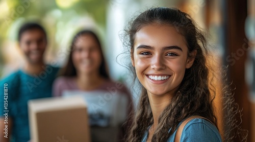 young female student preparing for college dorm move with parents smiling in background representing family support academic success education journey and career future