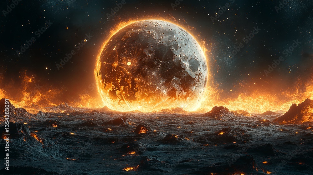 Spectacular depiction of glowing asteroid impact on moon surface with massive canyon formations illustrating dramatic cosmic celestial event, astronomy exploration Spectacular depiction of glowing asteroid impact on moon surface with massive canyon formations illustrating dramatic cosmic celestial event, astronomy exploration