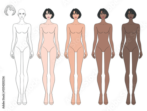 Fashion colored skin tone croquis figurines with short bob hair woman in vector.