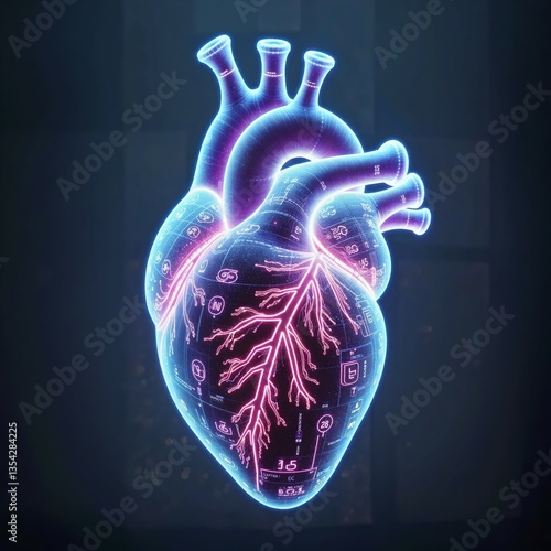 3D digital representation of a human heart showing detailed anatomical structure and blood vessels in a futuristic style