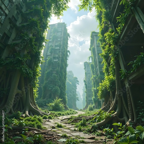 Urban jungle emerges as nature reclaims abandoned city landscape under bright sky