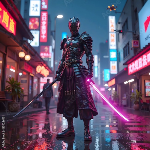 Warrior in futuristic armor stands confidently under neon lights in city alley at night