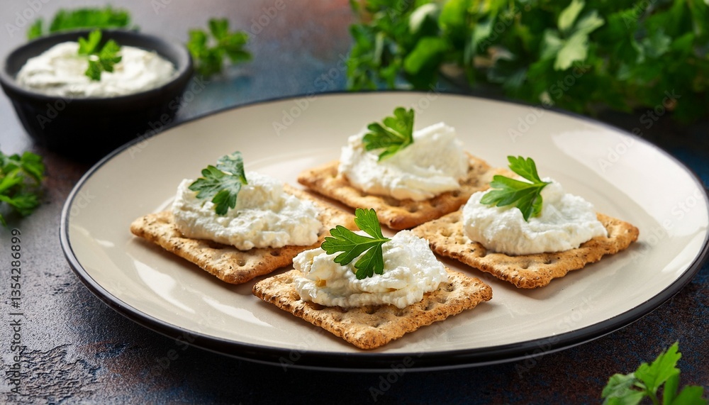 crispy crackers topped with creamy spread and herbs on a plate crispy crackers topped with creamy spread and herbs on a plate