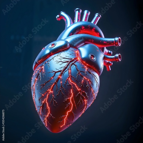 Heart sculpture with glowing veins and metallic finish displayed against a dark background