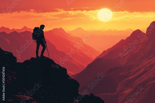 Hiker silhouettes gaze upon fiery mountain sunset.