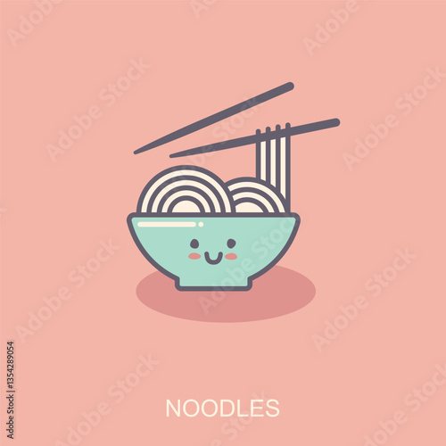 Bowl of chow mein noodles with chopsticks. Vector flat Illustration