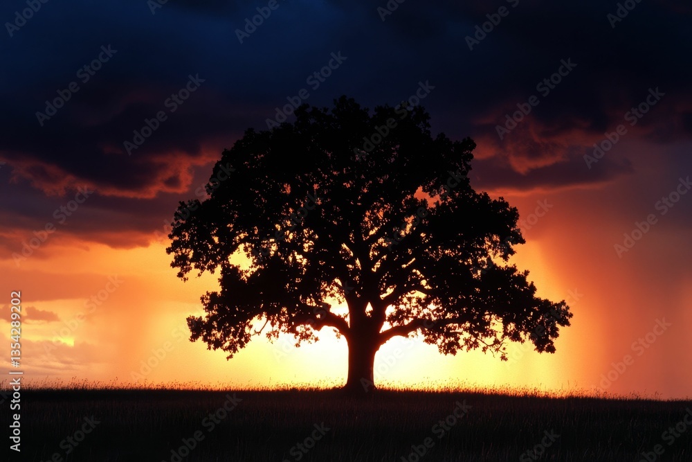 Solitary tree stands before vibrant sunset. Solitary tree stands before vibrant sunset.