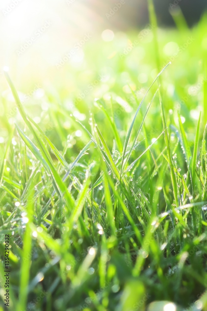Fototapeta premium Morning Dew on Lush Green Grass Illuminated by Warm Sunlight.