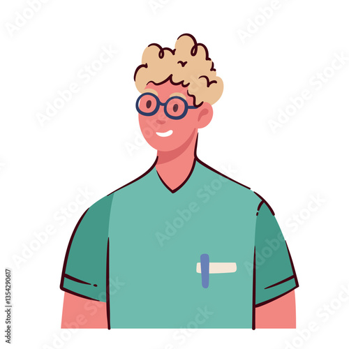 Medical student or intern, male nurse cartoon avatar. Funny man with glasses and green uniform smiling. Happy young guy, front portrait, cartoon cute student and healthcare worker vector illustration