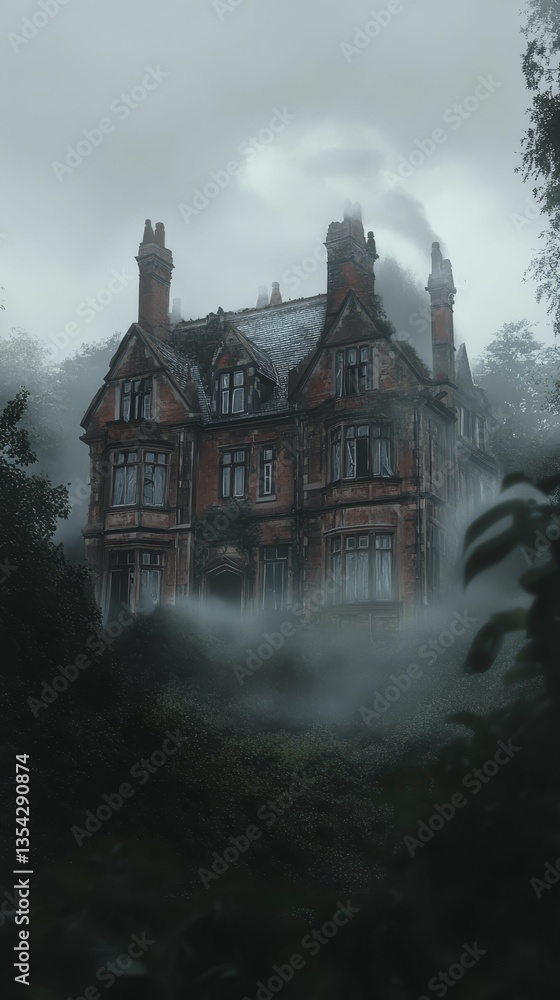 Obraz premium Misty, ominous mansion shrouded in fog, evokes gothic mystery.