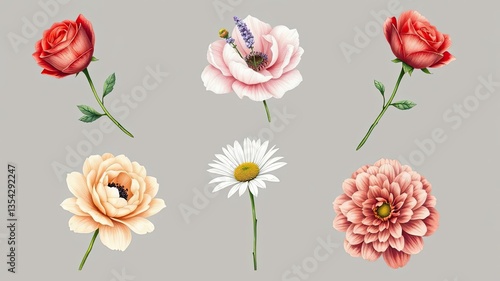 Wallpaper Mural Elegant Floral Collection Roses Anemone Daisy Dahlia Illustrations Torontodigital.ca