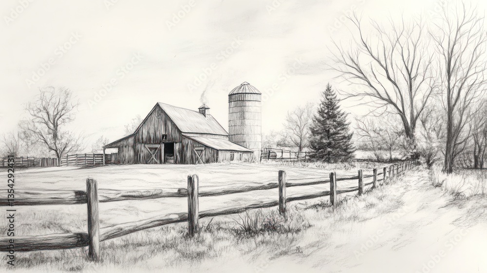 Pencil sketch of a rustic barn and silo Pencil sketch of a rustic barn and silo