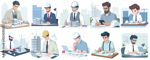 a set of vector images of an architect, with a flat design