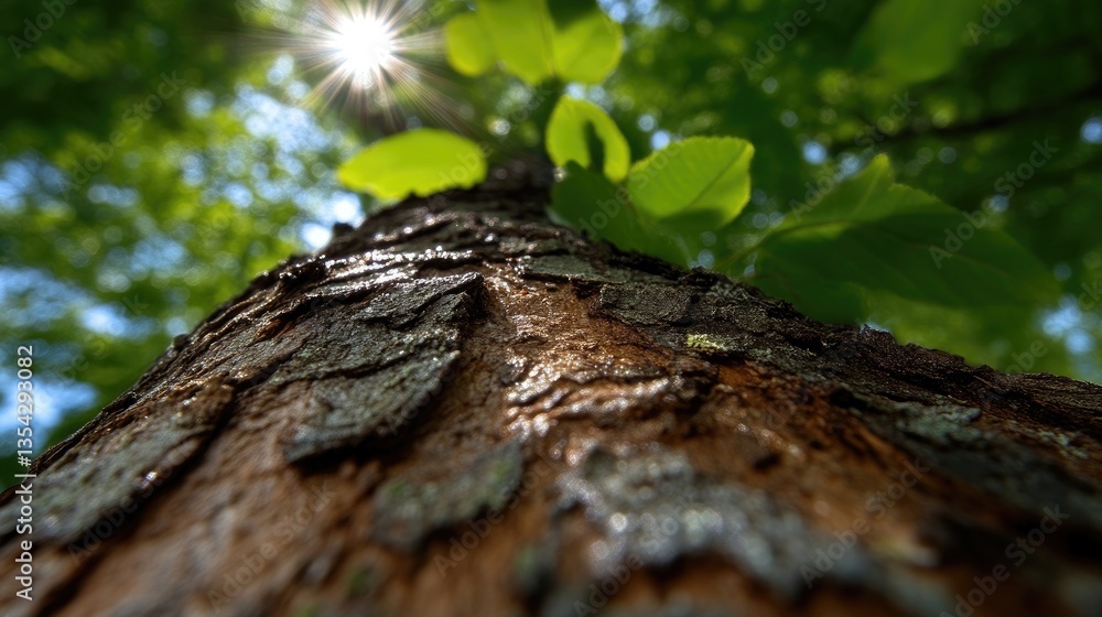 Upward view of a tree trunk with sunlight shining through the leaves Upward view of a tree trunk with sunlight shining through the leaves