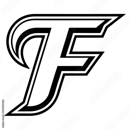 A dynamic stylized letter F, bold and powerful with a swift, energetic motion, in classic black and white.