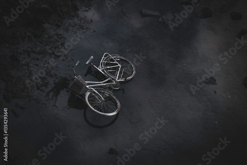 black and white photo of an abandoned bicycle in the river Liffey 