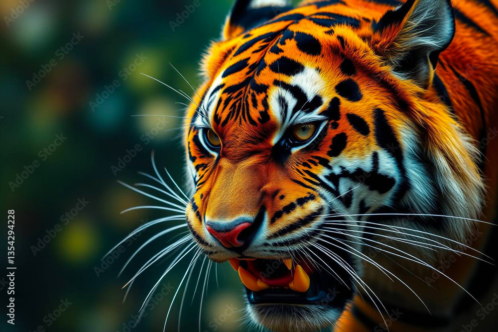 Obraz premium Fierce Angry Tiger Showing Its Intense Expression, Ready to Pounce in a Powerful Display of Strength, Vibrant Wallpaper