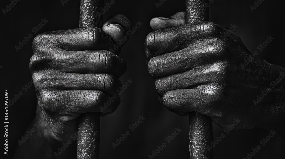 Close-up of hands clutching steel bars, emphasizing imprisonment and confinement, isolated on transparent background for thematic visuals of restriction and captivity. Close-up of hands clutching steel bars, emphasizing imprisonment and confinement, isolated on transparent background for thematic visuals of restriction and captivity.