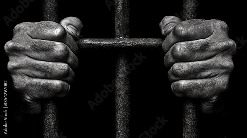 Close-up of hands gripping steel prison bars, emphasizing imprisonment and restriction with a strong grip, isolated on transparent background for confinement-themed visuals.
