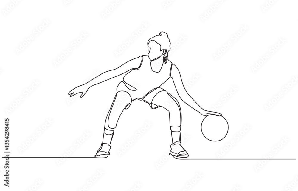 Fototapeta premium One single line drawing of young energetic basketball player jumping and shooting ball, Woman player healthy sport championship vector illustration.