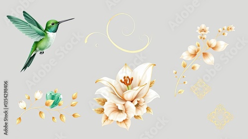 Elegant Hummingbird Lily Flowers Gold Design Botanical Illustration Grey Background
