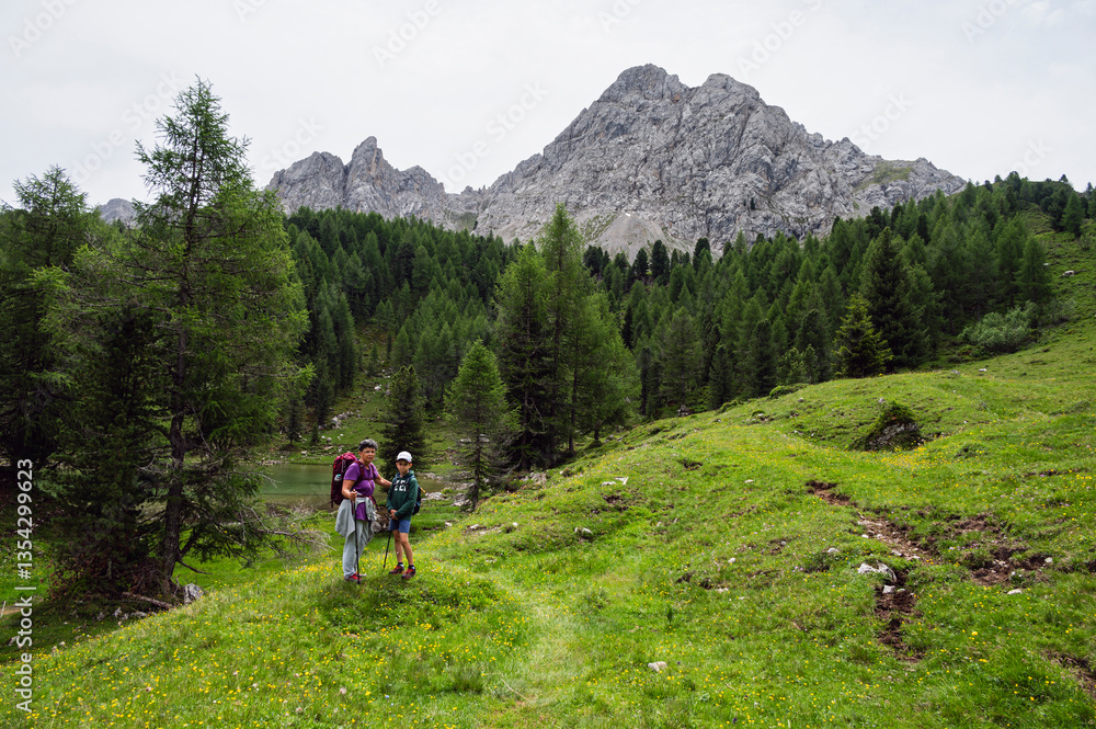 Fototapeta premium nature sceneries along the trail to Lagusel lake inside Val San Nicolò, Pozza di Fassa, Dolomites, Italy