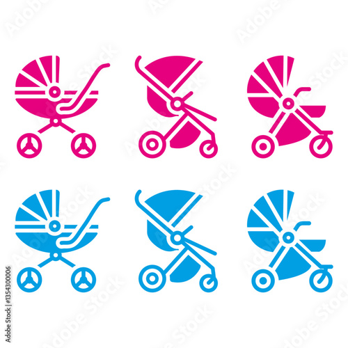 
Illustration showing three different pink strollers for a girl and three blue ones for a boy, on a white background