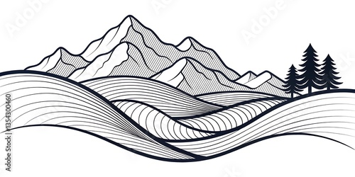 Monochrome Mountain Landscape Illustration
