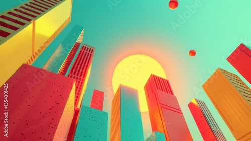 Colorful Cityscape, Low-Angle View, Sun, Abstract Architecture