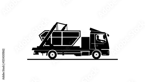 Skip bin truck, black isolated silhouette