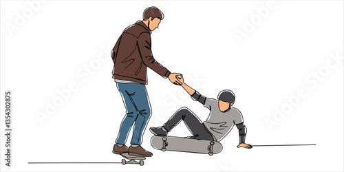 skater helps his friend a continuous one line drawing illustrates a young skater assisting his friend who has fallen off a skateboard. This simple yet meaningful design highlights the spirit of help.