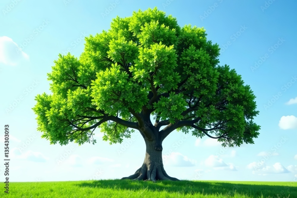 Fototapeta premium Single large tree with lush green leaves reaching towards the sky, giant, botany