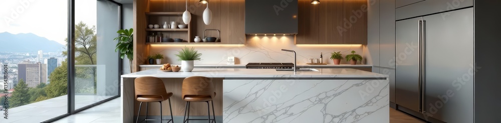 Fototapeta premium Sleek modern kitchen in loft apartment with marble countertops and stainless steel appliances, interior, countertops