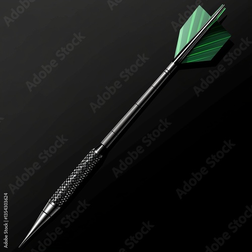 Dart vector graphic, sharp steel tip with a textured barrel and green fins, sleek polished tones, smooth clean edges