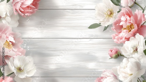 Decorative floral banner with pink and white peonies arranged on an old grey wooden table background